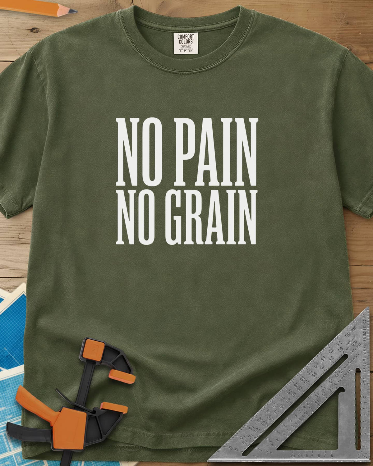 No Pain, No Grain heavyweight tee in Hemp, two stacked lines of tall condensed white capitals, no graphic