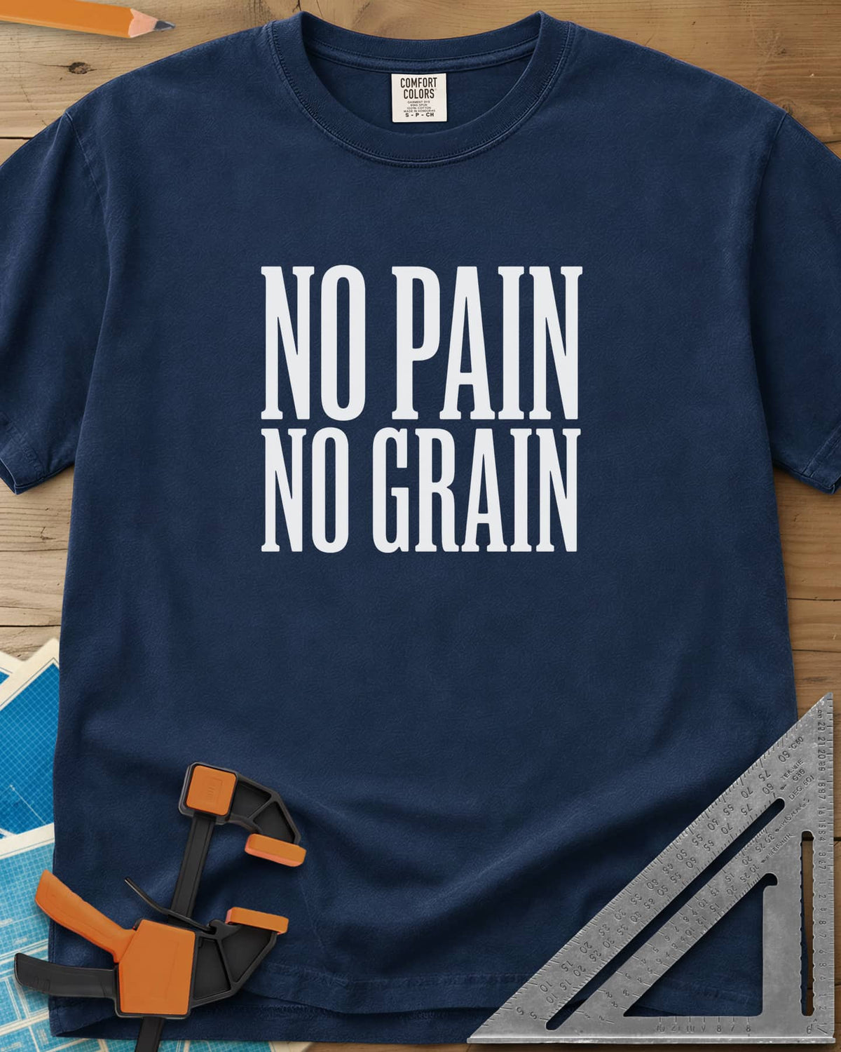 No Pain, No Grain heavyweight tee in Navy, two stacked lines of tall condensed white capitals, no graphic