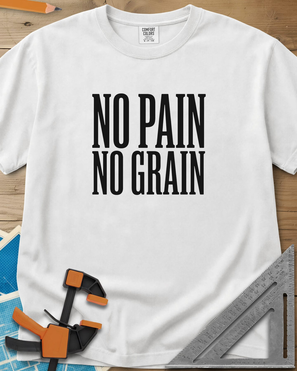 No Pain, No Grain heavyweight tee in White, two stacked lines of tall condensed white capitals, no graphic