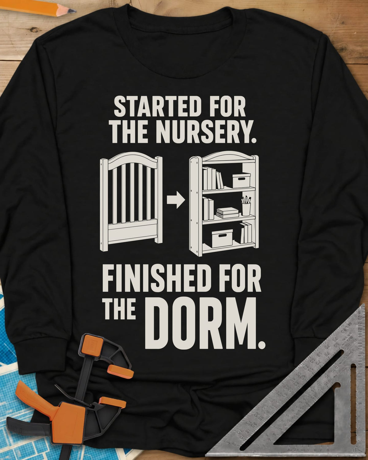 Nursery To Dorm long sleeve shirt in Black, a baby crib, an arrow, then a loaded bookshelf