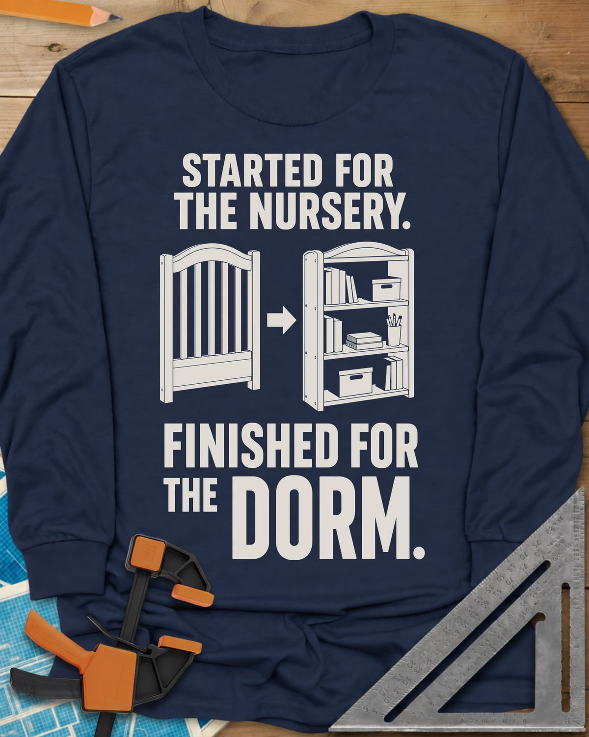 Nursery To Dorm long sleeve shirt in Navy, a baby crib, an arrow, then a loaded bookshelf
