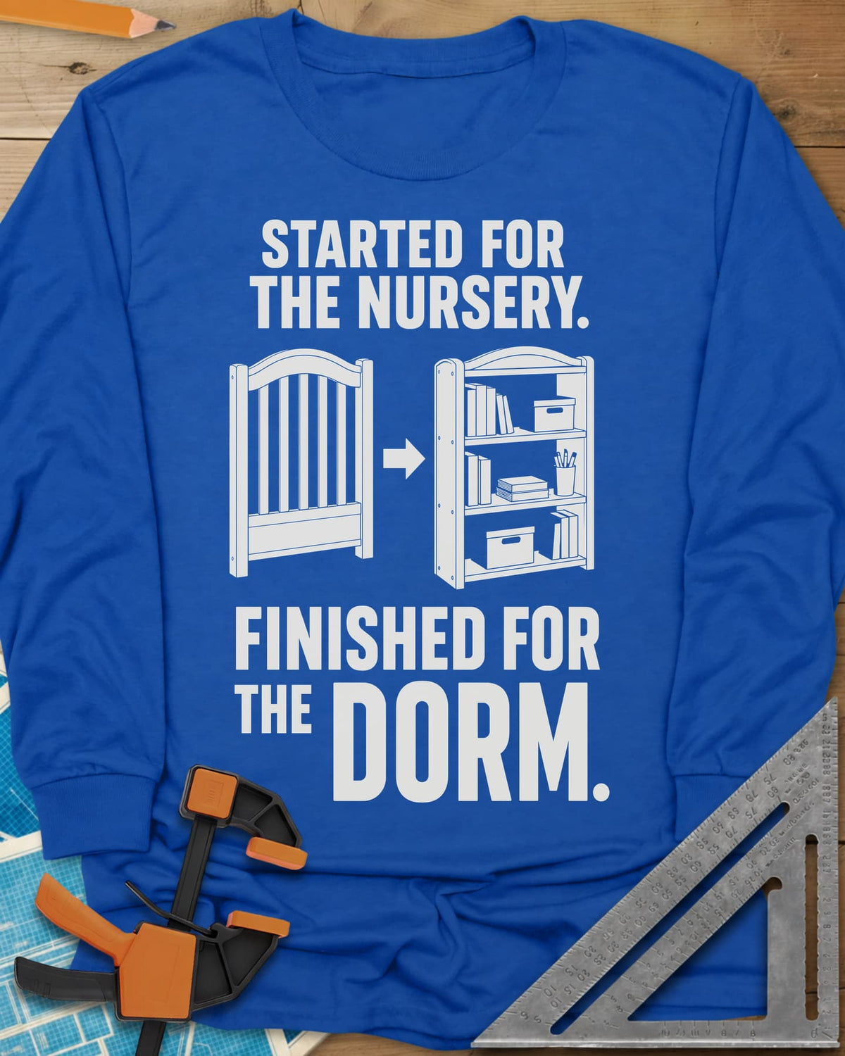 Nursery To Dorm long sleeve shirt in Royal, a baby crib, an arrow, then a loaded bookshelf