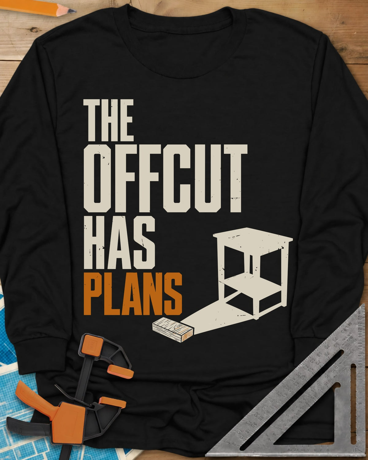 Offcut Plans long sleeve shirt in Black, a short board whose long shadow turns into a small side table