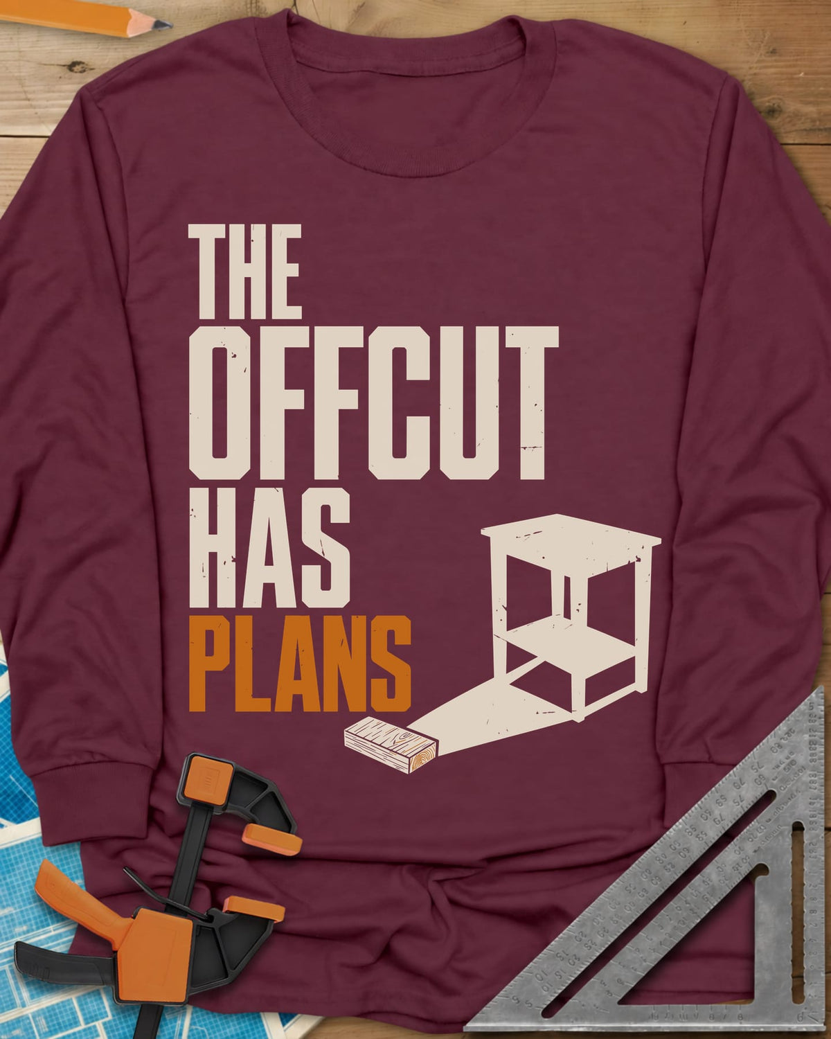Offcut Plans long sleeve shirt in Maroon, a short board whose long shadow turns into a small side table