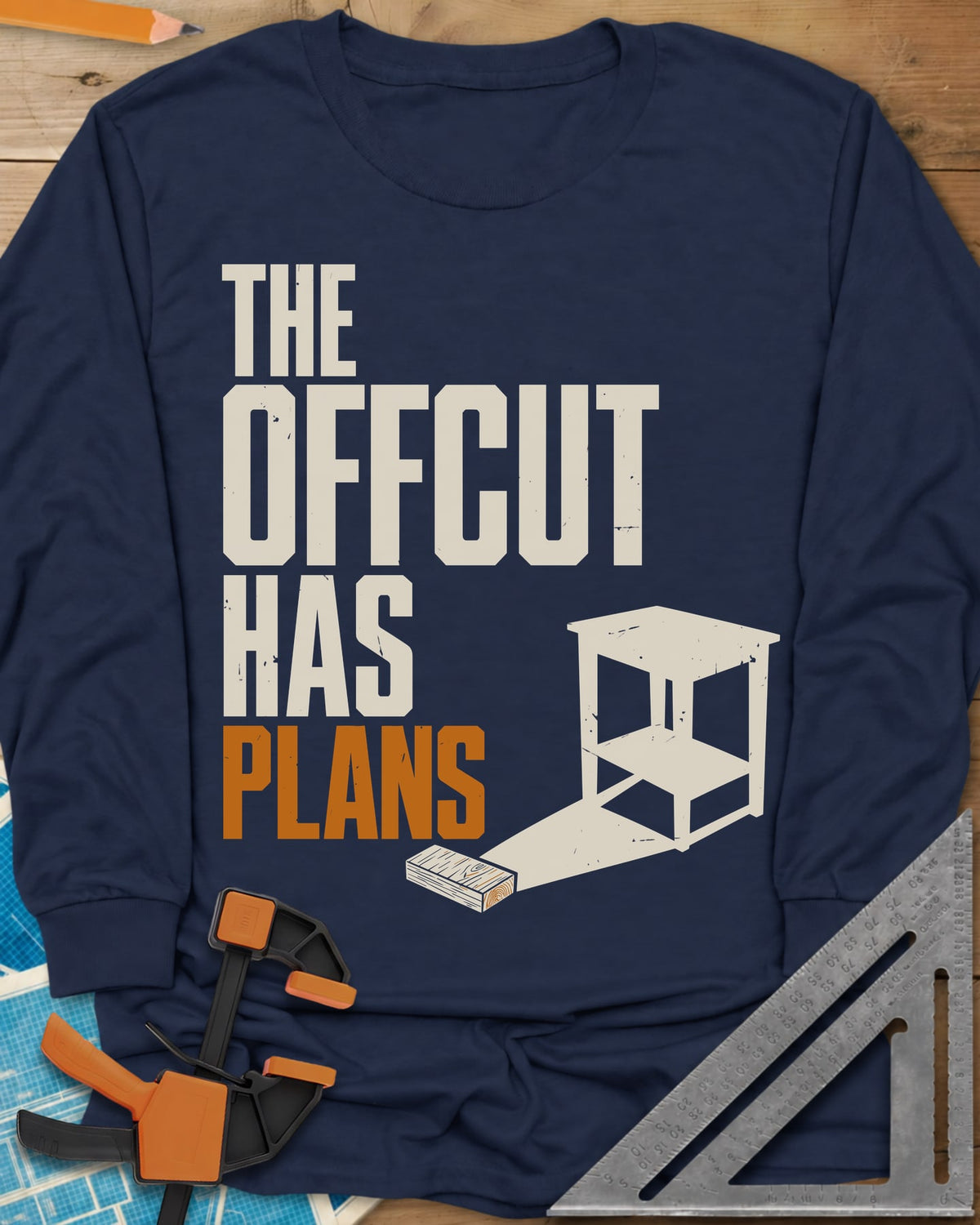 Offcut Plans long sleeve shirt in Navy, a short board whose long shadow turns into a small side table