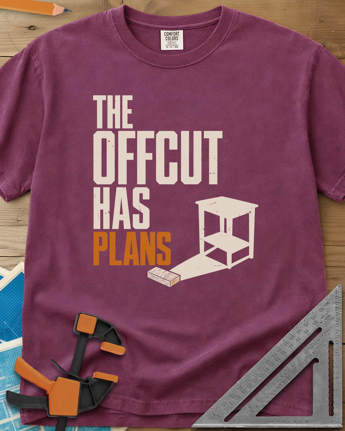 Offcut Plans heavyweight tee in Berry, a short board whose long shadow turns into a small side table