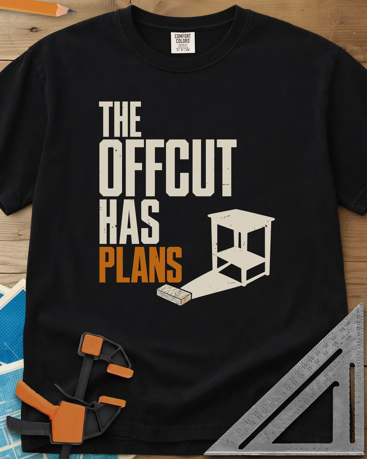 Offcut Plans heavyweight tee in Black, a short board whose long shadow turns into a small side table