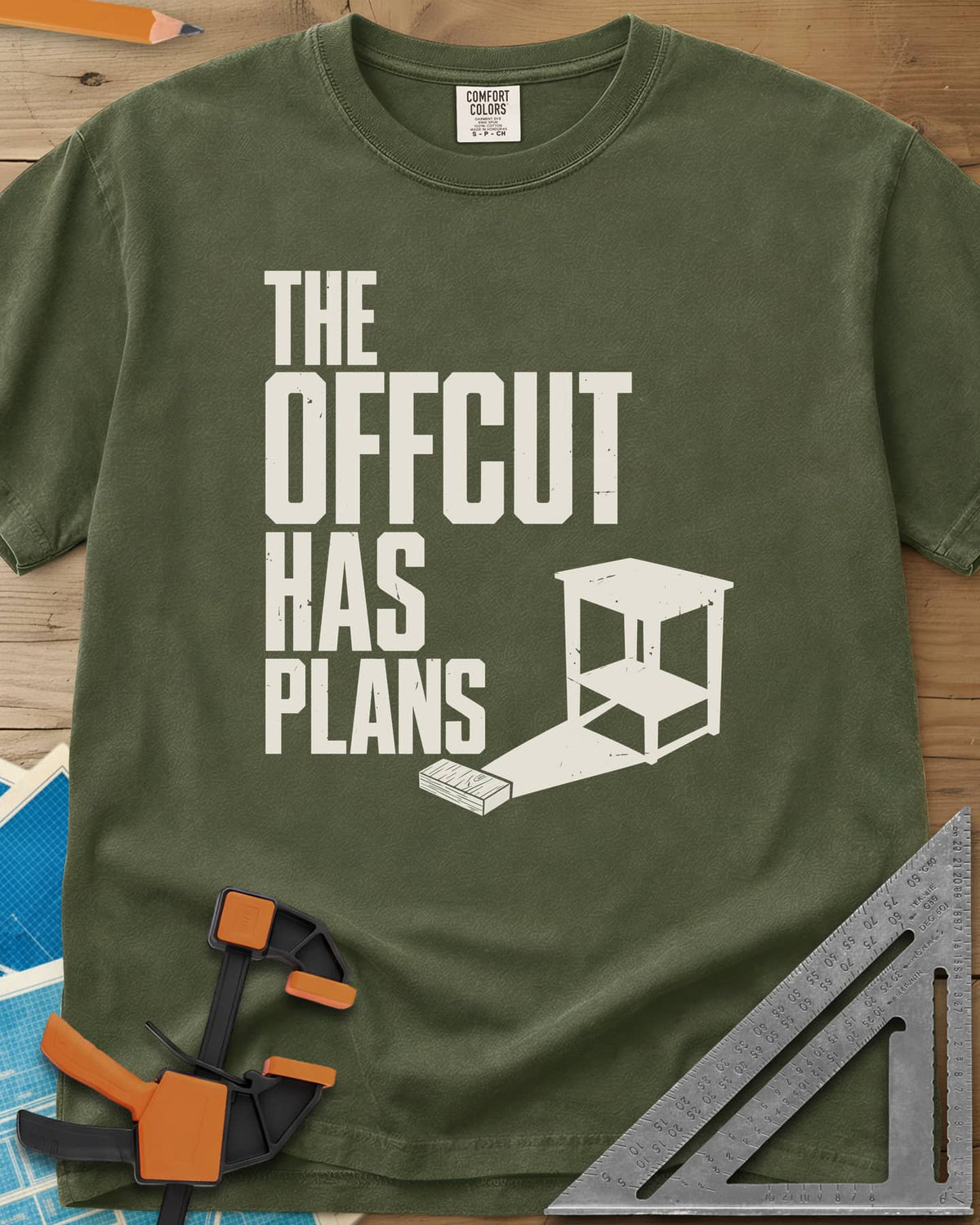 Offcut Plans heavyweight tee in Hemp, a short board whose long shadow turns into a small side table