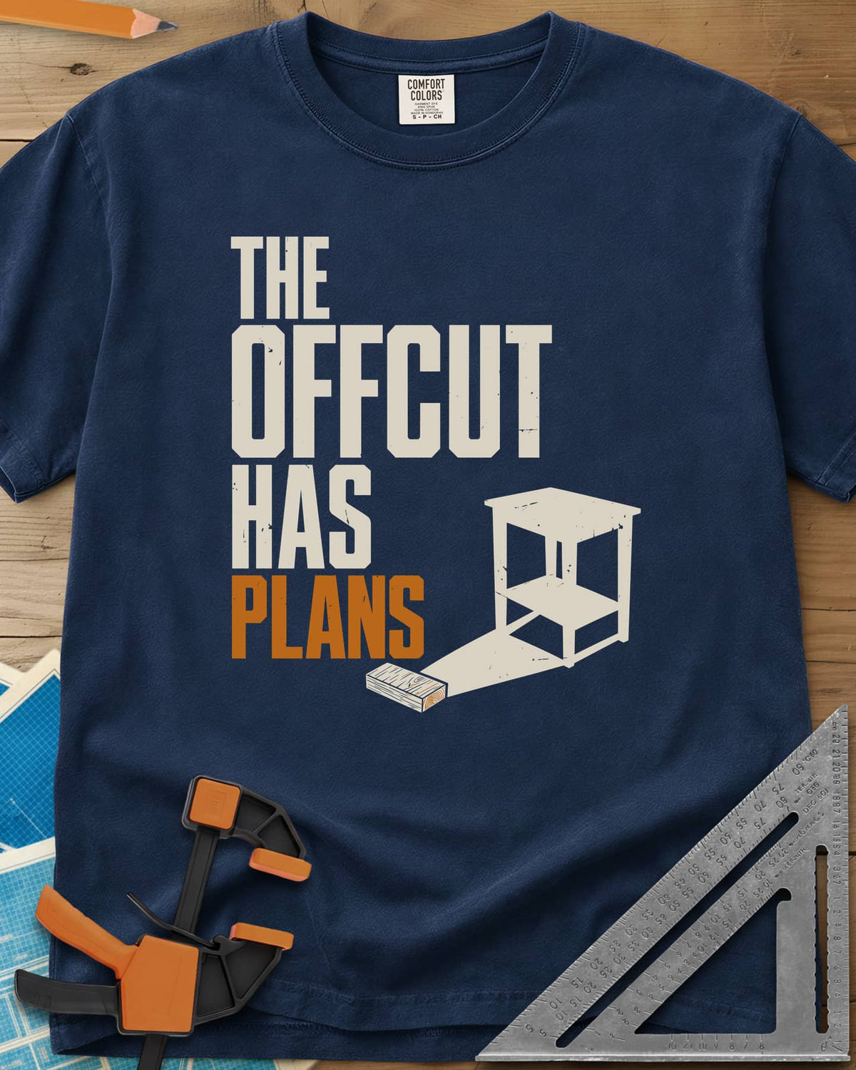 Offcut Plans heavyweight tee in Navy, a short board whose long shadow turns into a small side table
