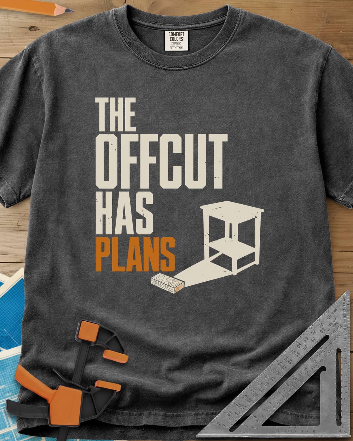 Offcut Plans heavyweight tee in Pepper, a short board whose long shadow turns into a small side table