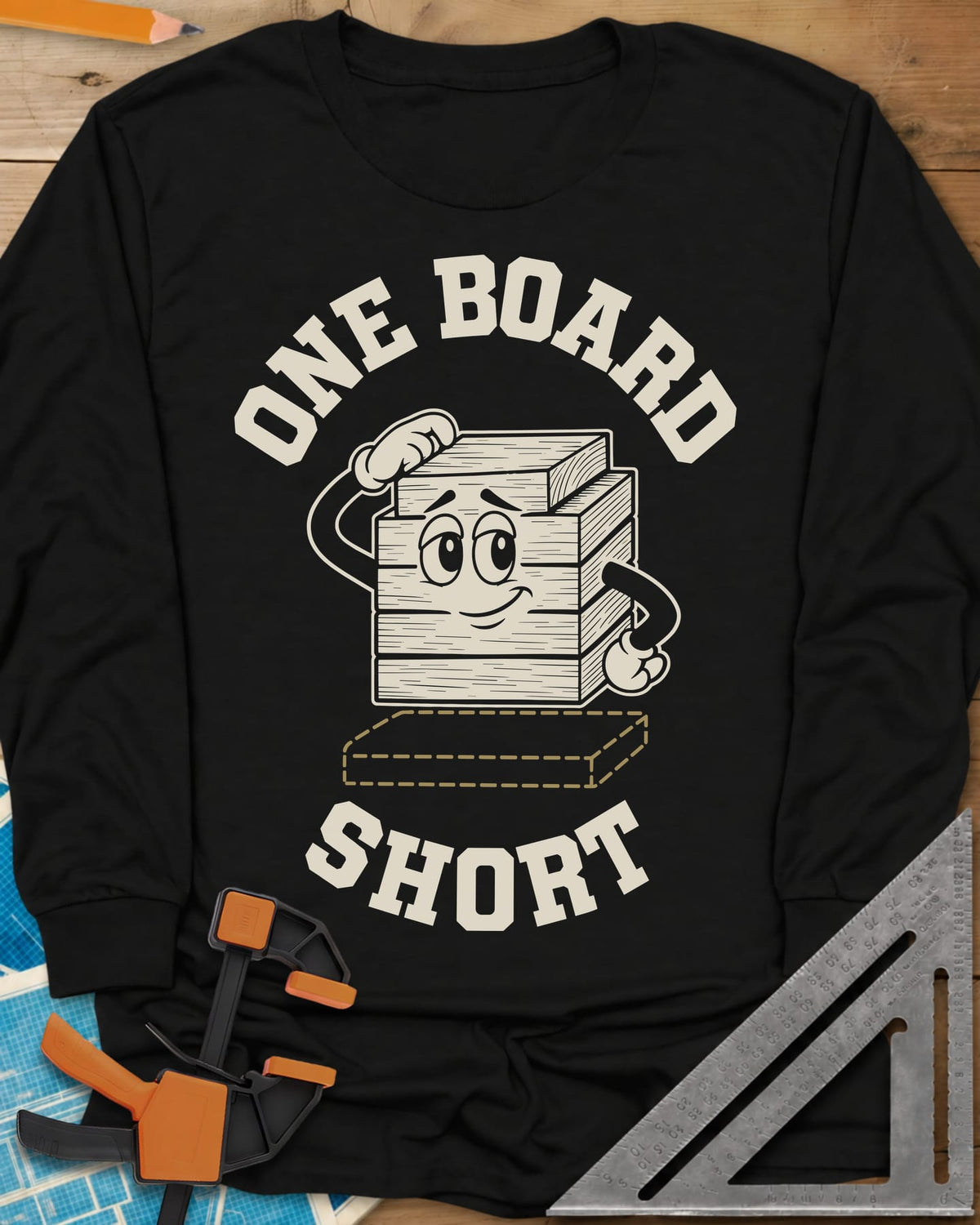 One Board Short long sleeve shirt in Black, a cartoon stack of boards scratching its head over a missing board