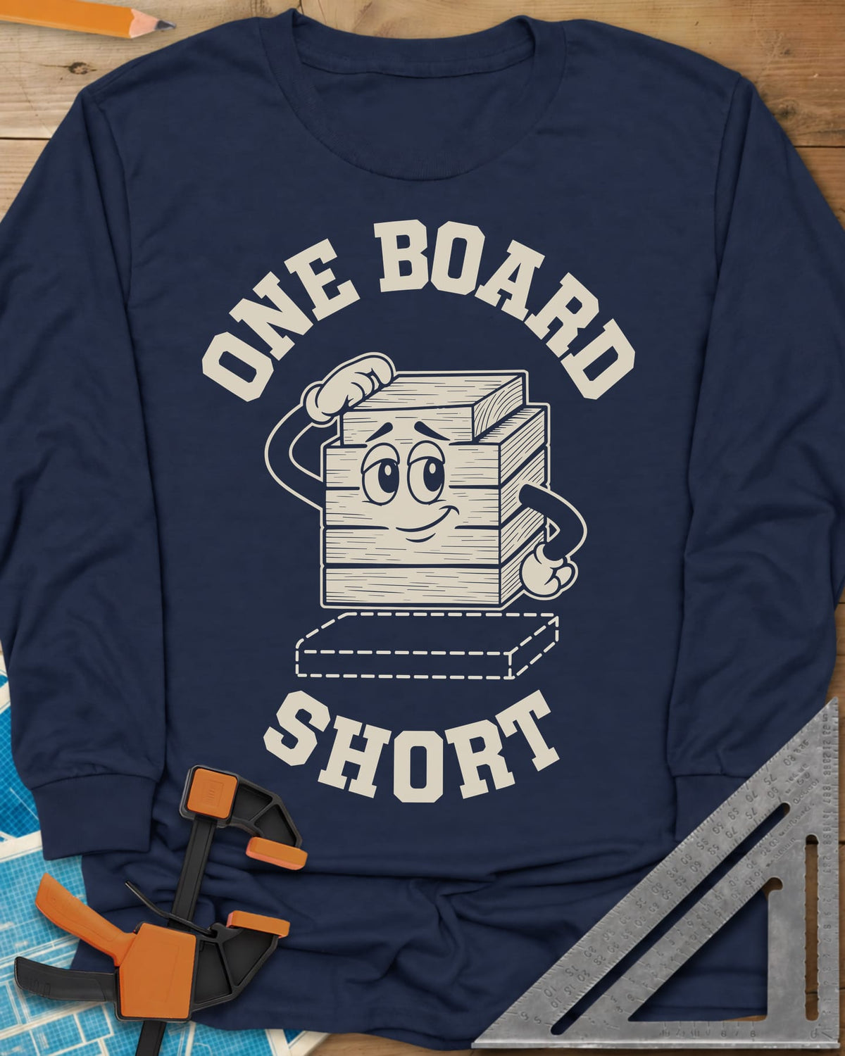One Board Short long sleeve shirt in Navy, a cartoon stack of boards scratching its head over a missing board