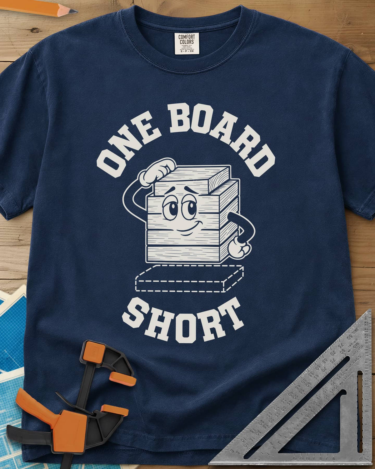 One Board Short heavyweight tee in Navy, a cartoon stack of boards scratching its head over a missing board