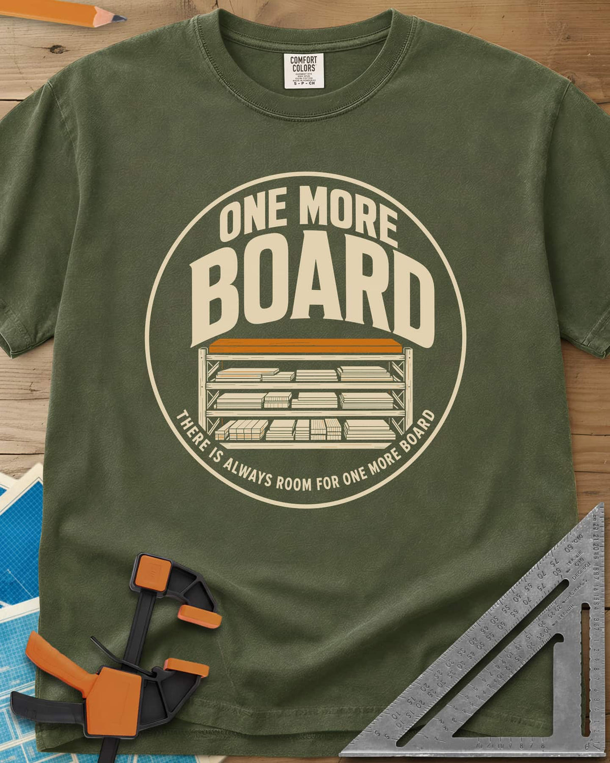One More Board heavyweight tee in Hemp, a round badge with a rack of stacked lumber