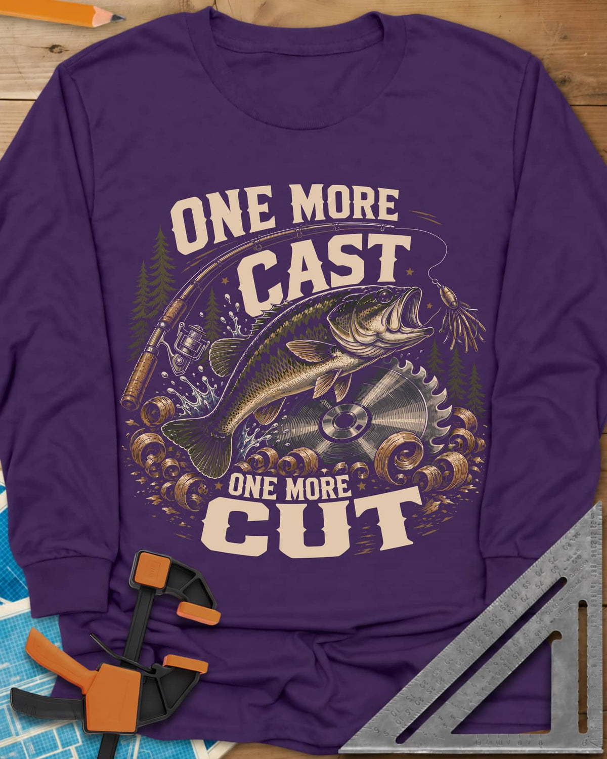 One More Cast One More Cut long sleeve shirt in Purple, a leaping bass, saw blade, fishing rod and wood curls
