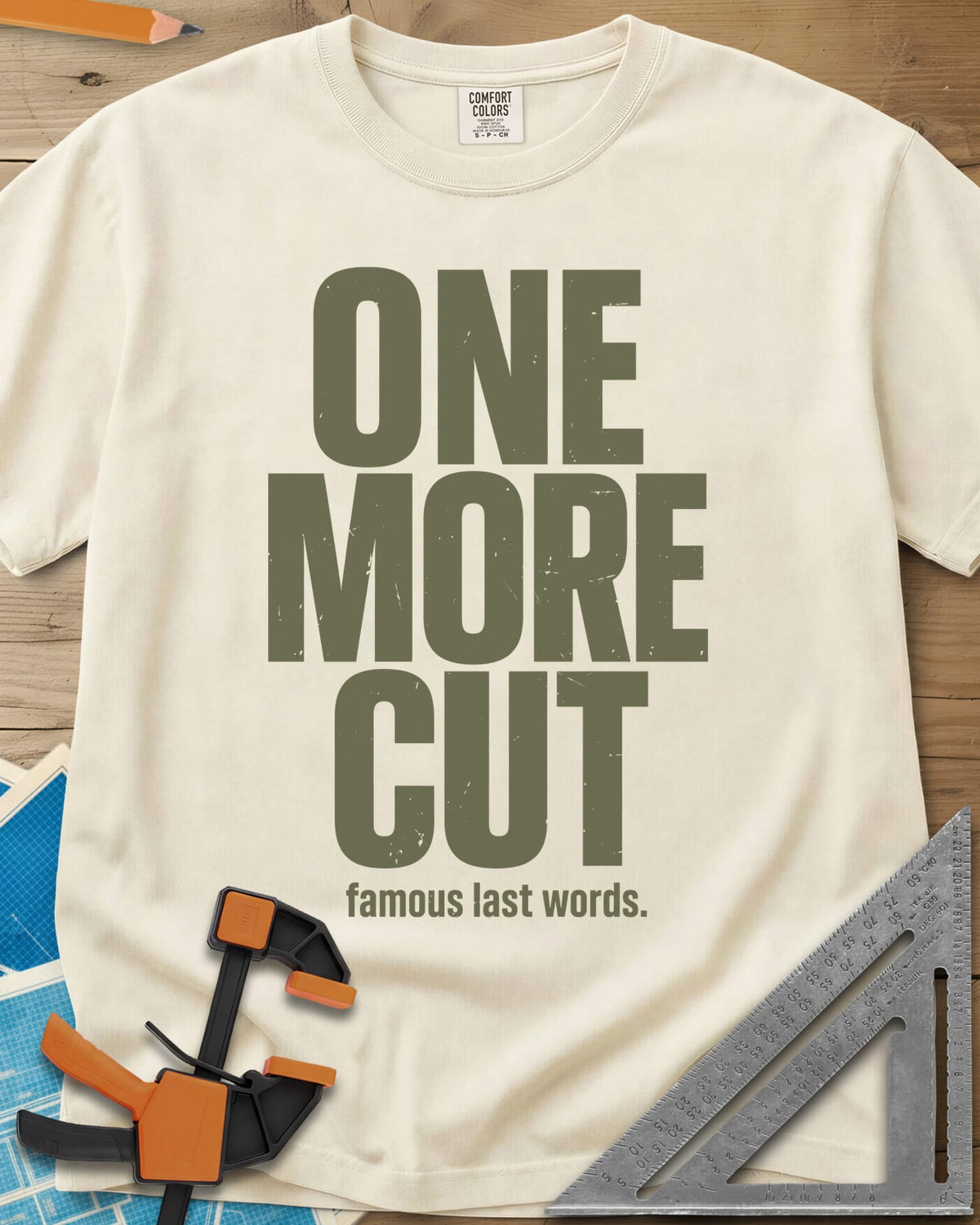 One More Cut heavyweight tee in Ivory, tall stacked distressed block letters