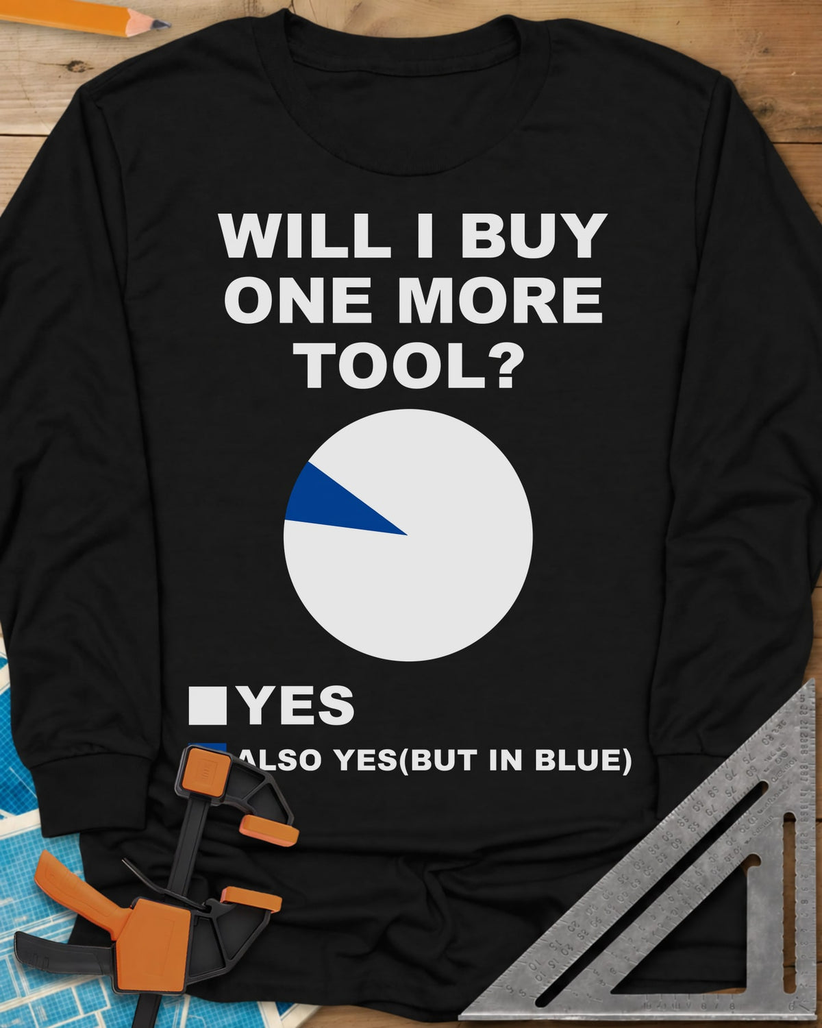 One More Tool long sleeve shirt in Black, a nearly all-white pie chart with one thin blue slice