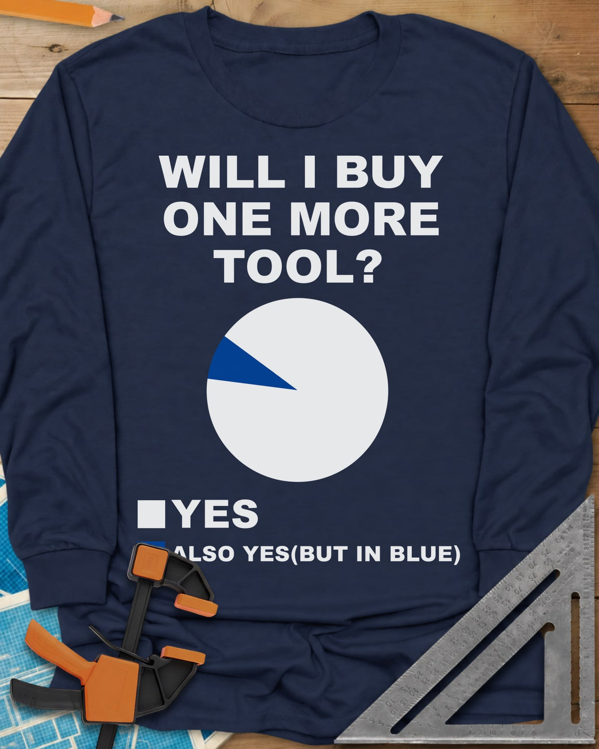 One More Tool long sleeve shirt in Navy, a nearly all-white pie chart with one thin blue slice
