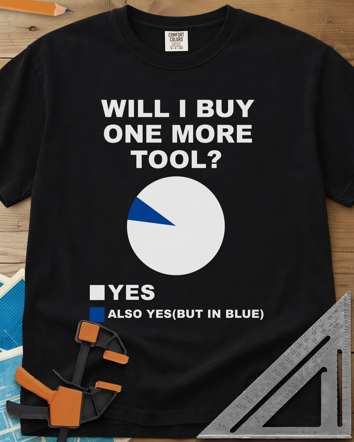 One More Tool heavyweight tee in Black, a nearly all-white pie chart with one thin blue slice