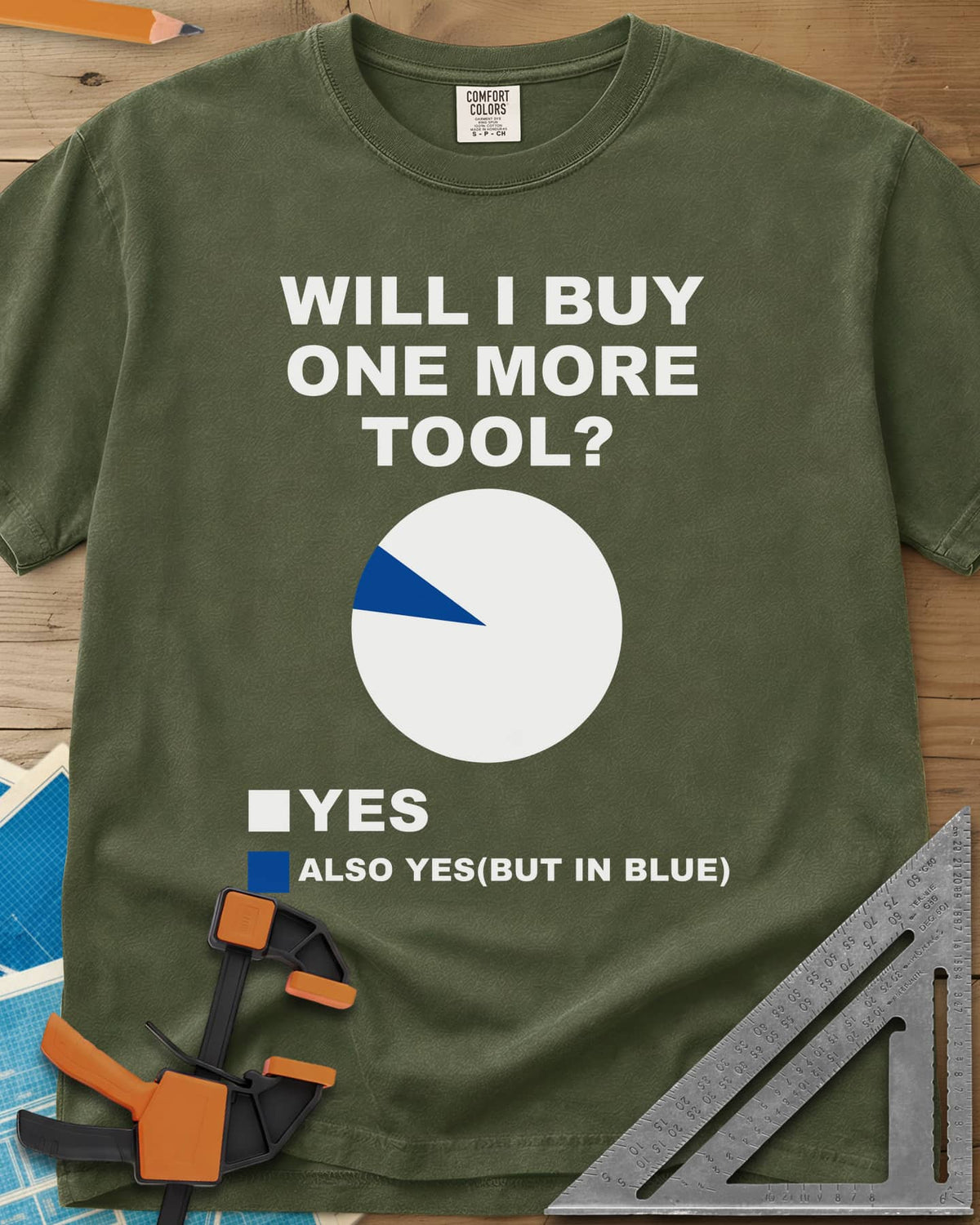 One More Tool heavyweight tee in Hemp, a nearly all-white pie chart with one thin blue slice