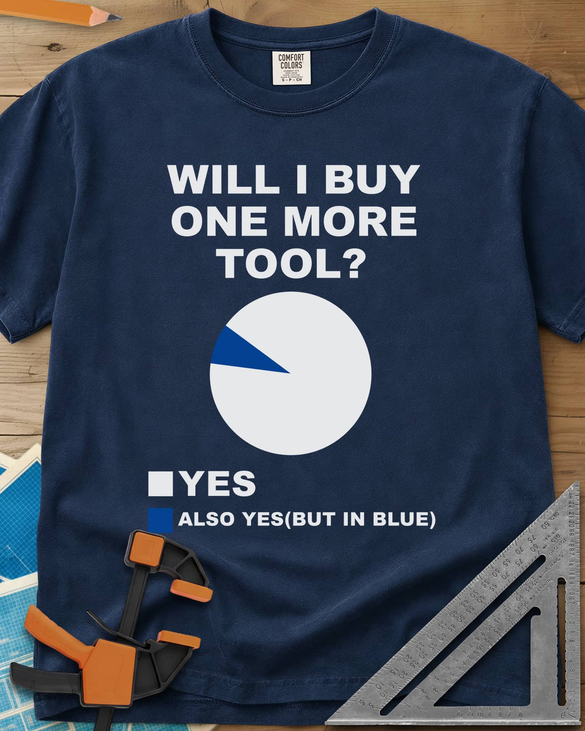 One More Tool heavyweight tee in Navy, a nearly all-white pie chart with one thin blue slice
