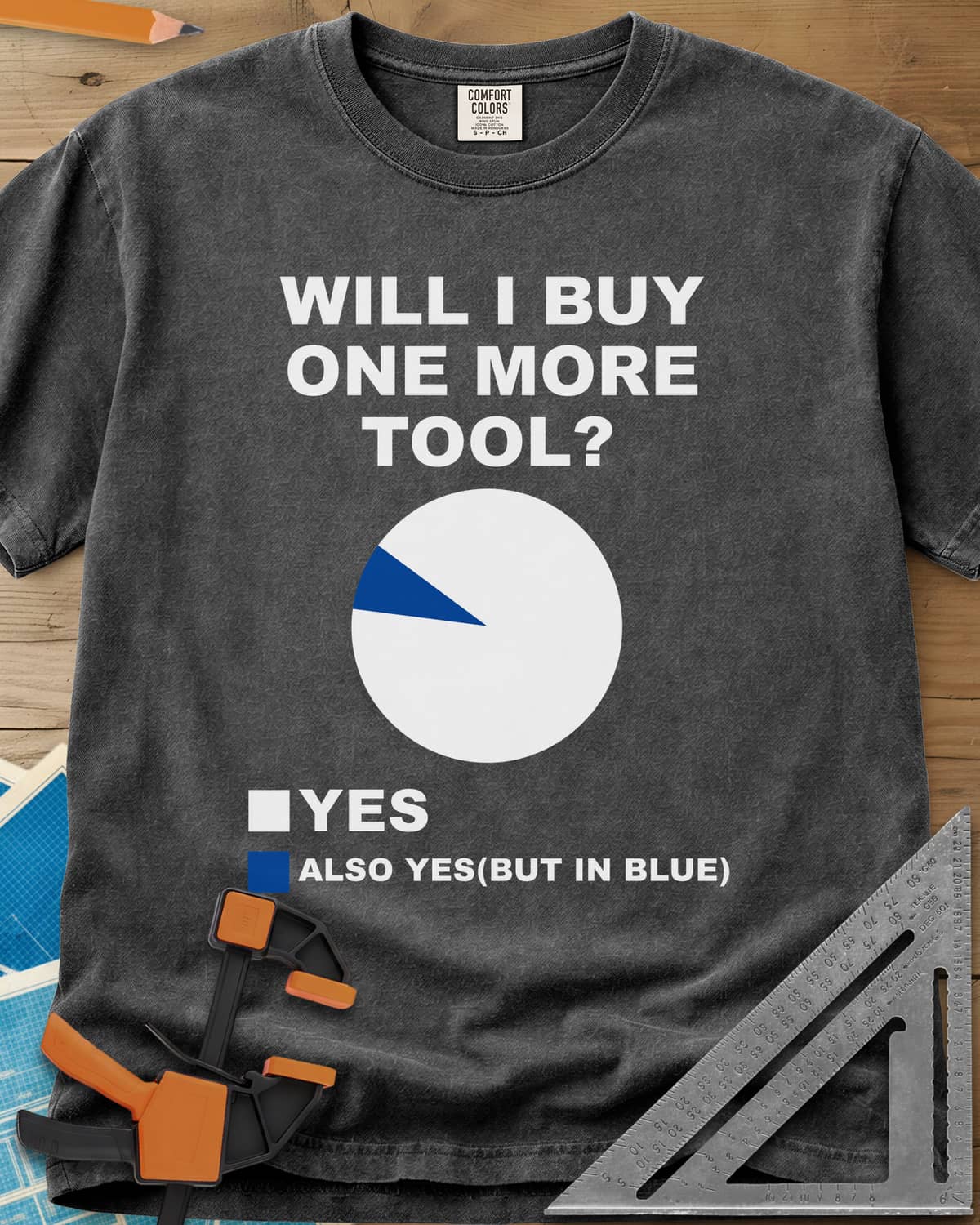 One More Tool heavyweight tee in Pepper, a nearly all-white pie chart with one thin blue slice
