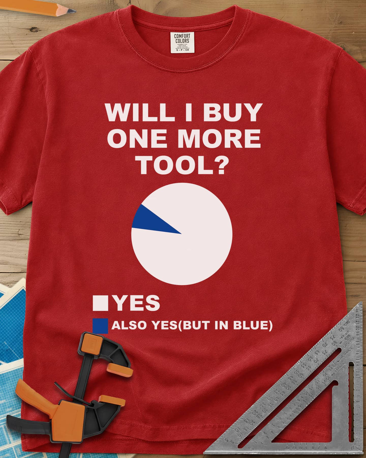 One More Tool heavyweight tee in Red, a nearly all-white pie chart with one thin blue slice