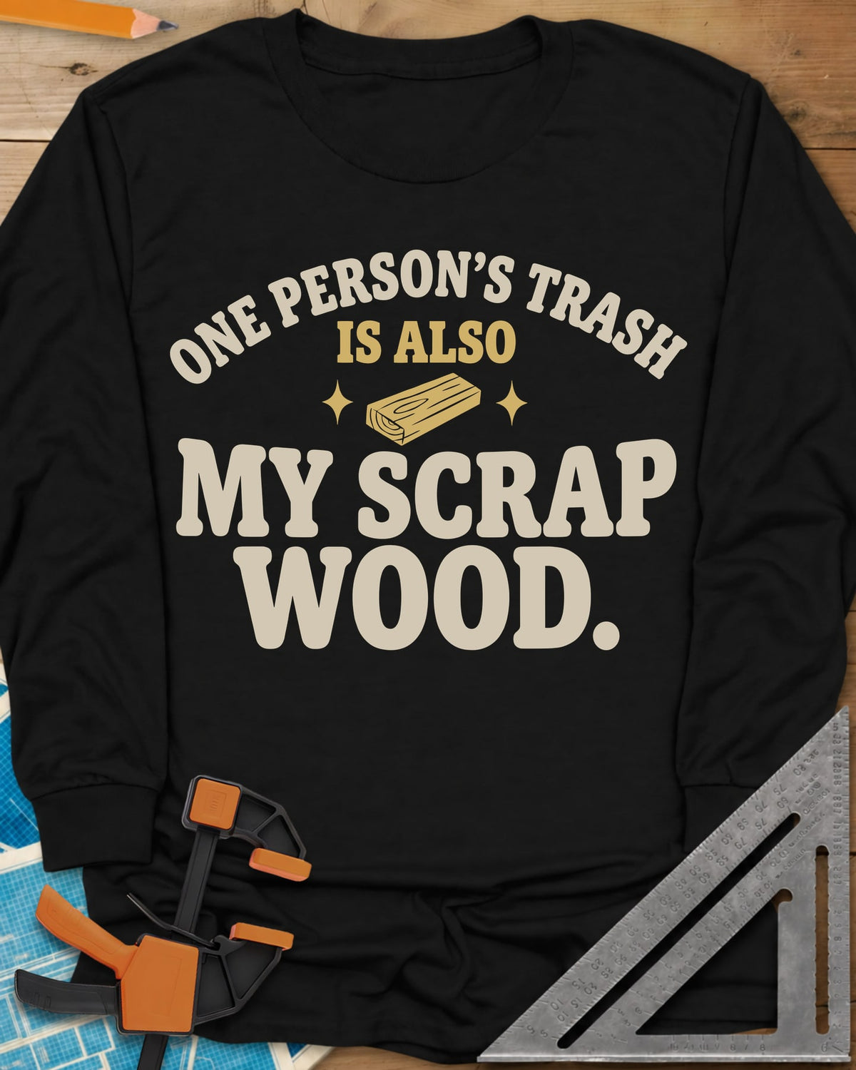One Person's Trash long sleeve shirt in Black, a small wood block between two sparkles under arched text