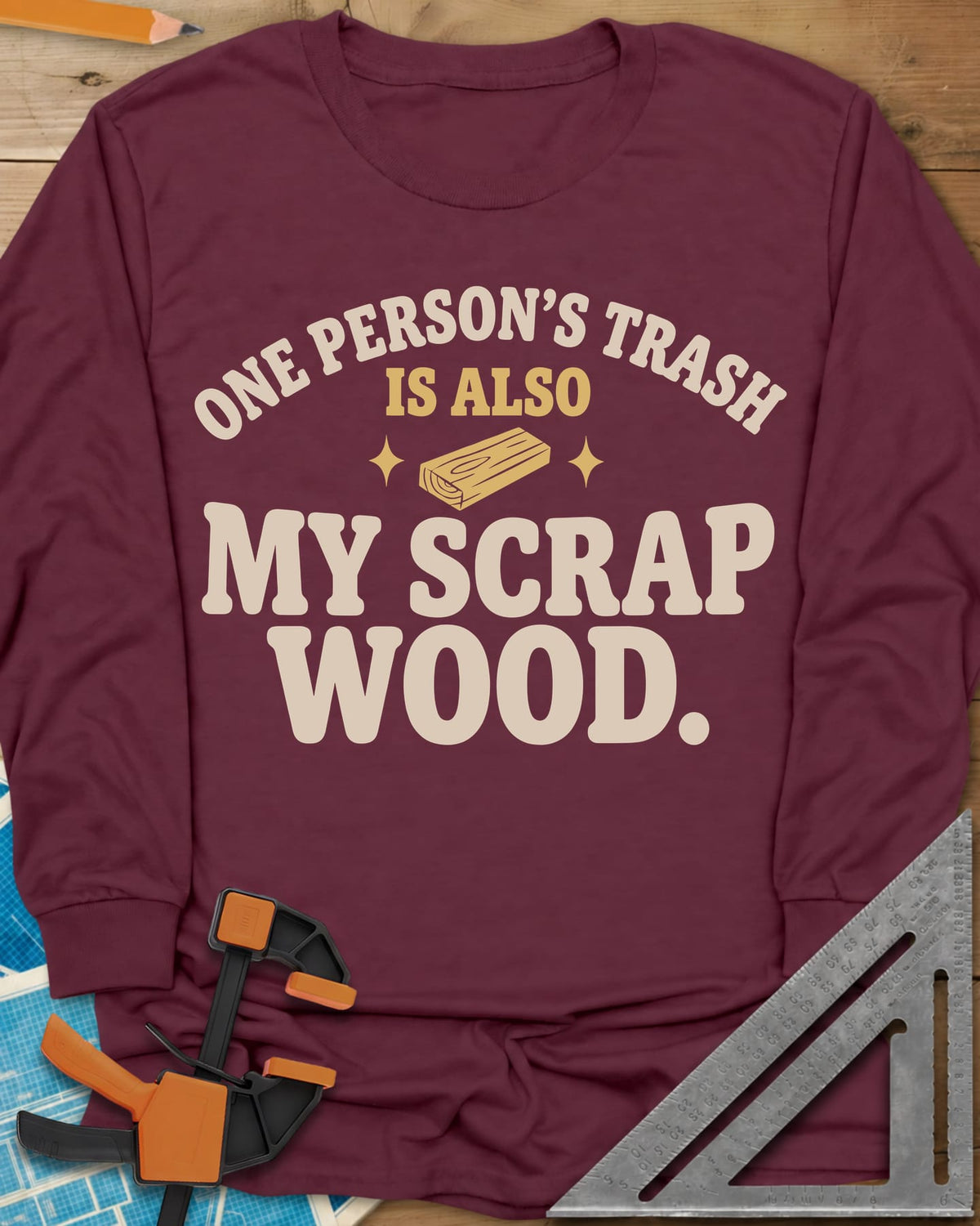 One Person's Trash long sleeve shirt in Maroon, a small wood block between two sparkles under arched text
