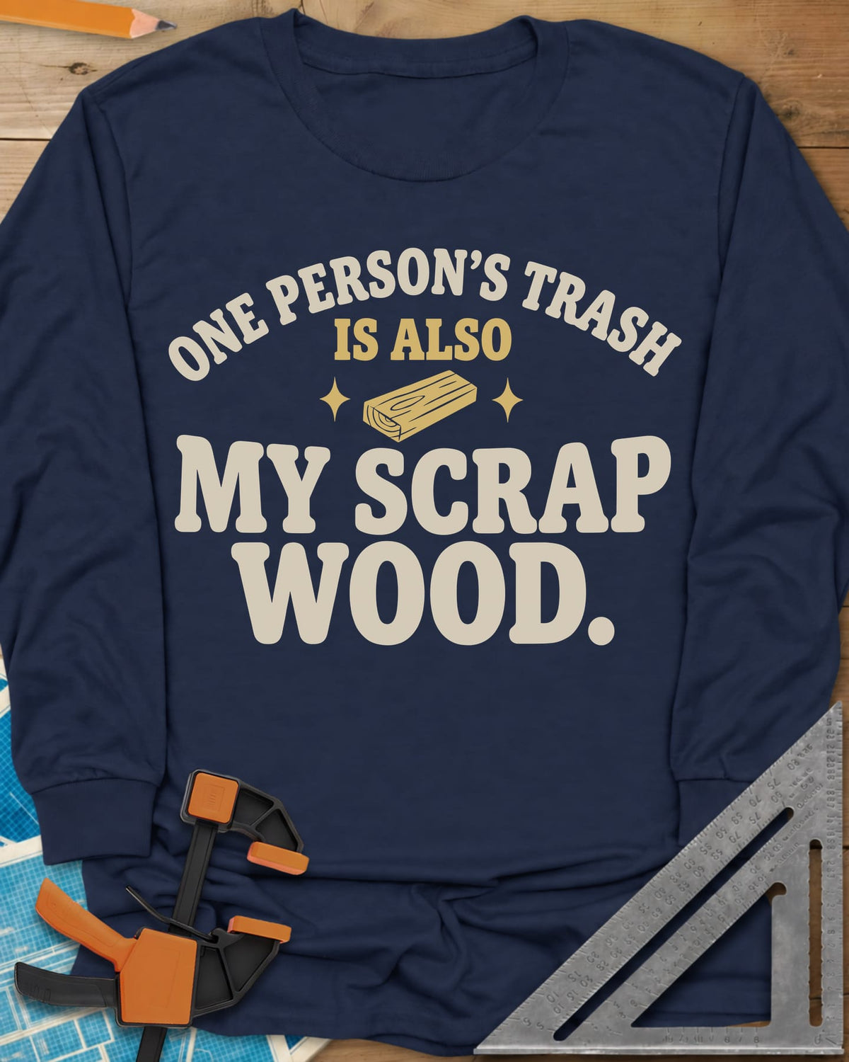 One Person's Trash long sleeve shirt in Navy, a small wood block between two sparkles under arched text