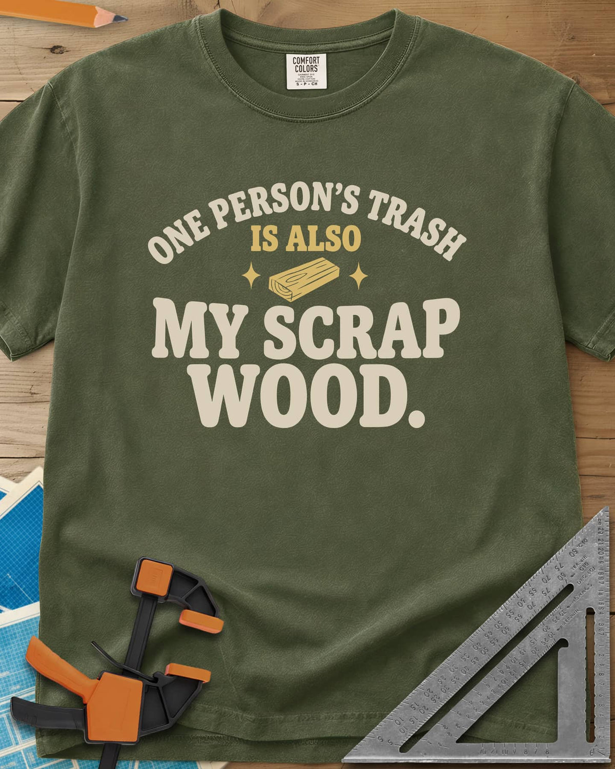 One Person's Trash heavyweight tee in Hemp, a small wood block between two sparkles under arched text
