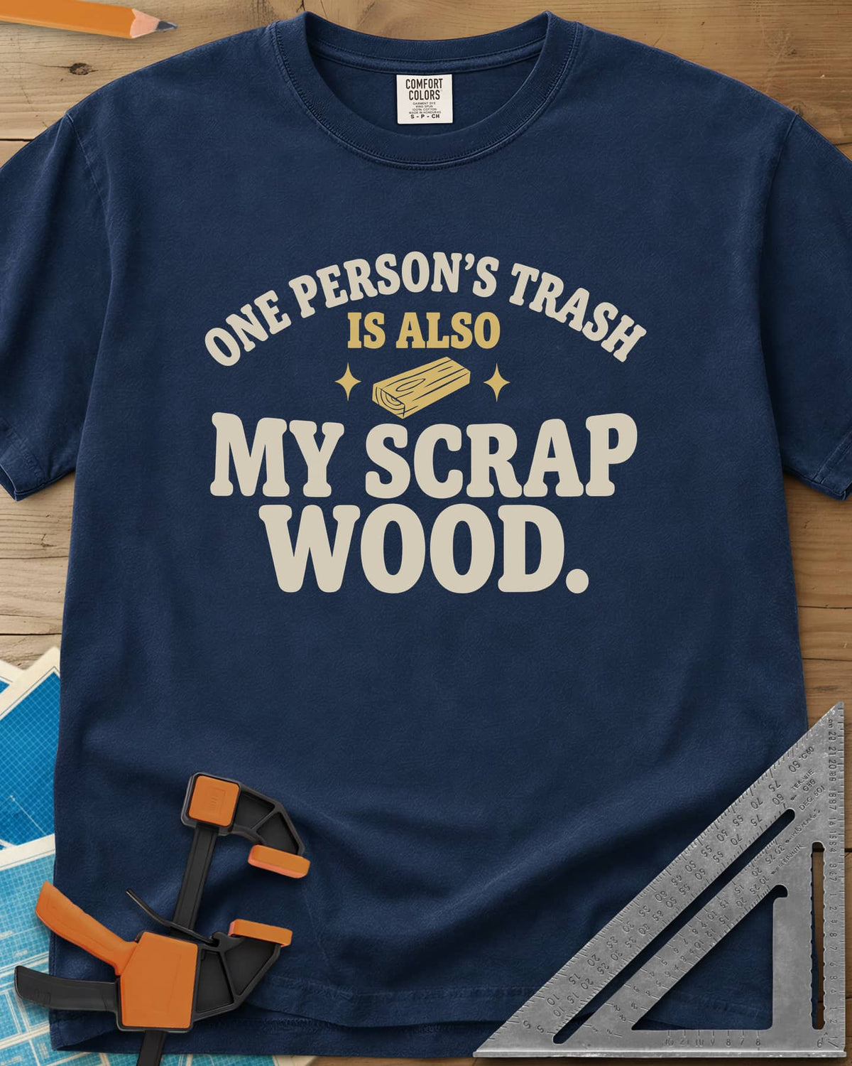 One Person's Trash heavyweight tee in Navy, a small wood block between two sparkles under arched text