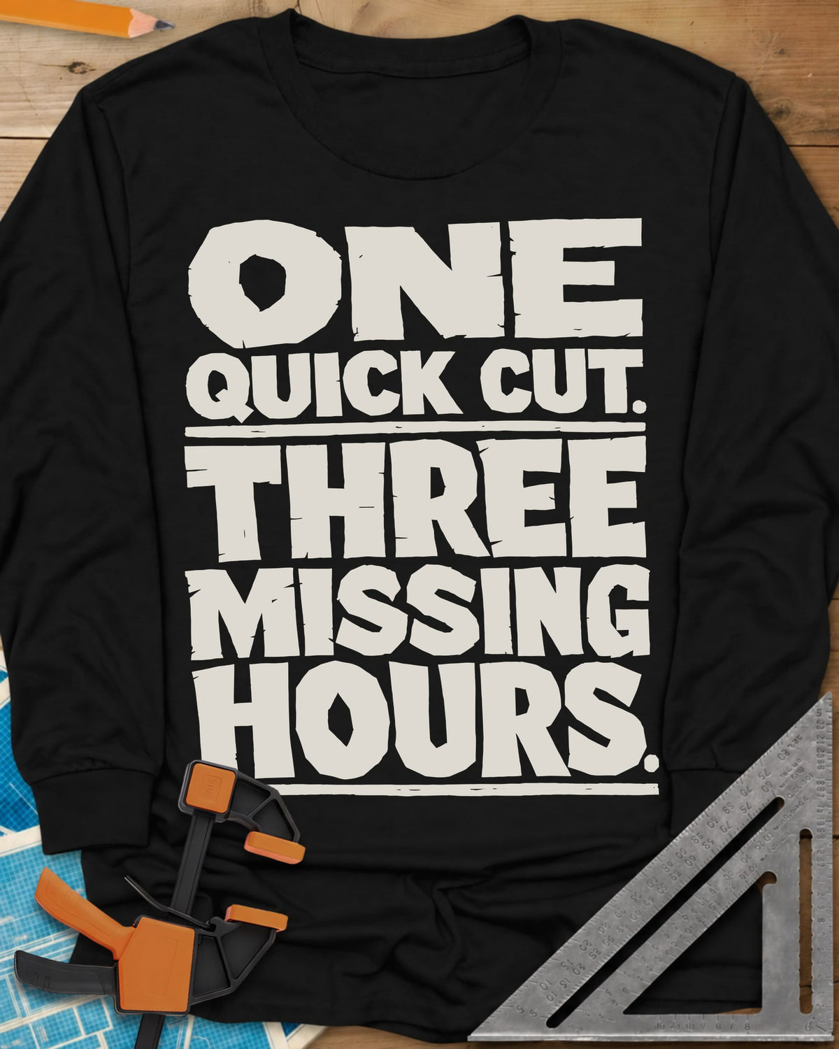 One Quick Cut long sleeve shirt in Black, stacked chunky rough-edged block lettering, no picture