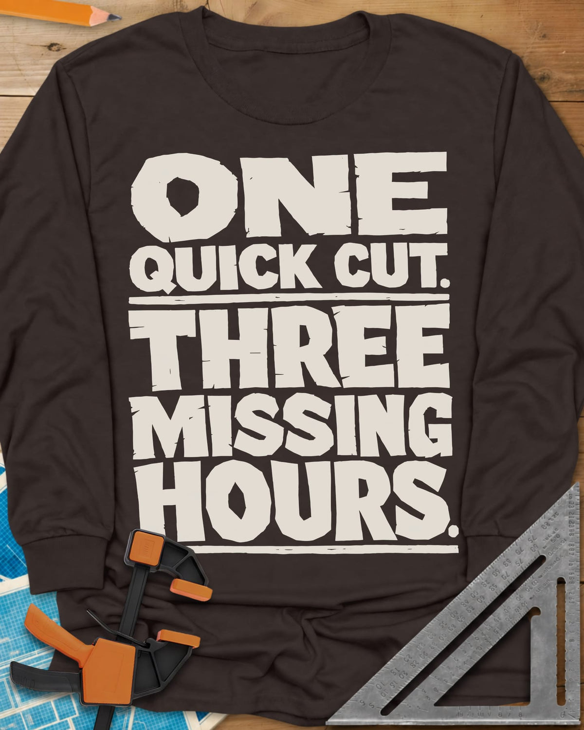 One Quick Cut long sleeve shirt in Dark Chocolate, stacked chunky rough-edged block lettering, no picture