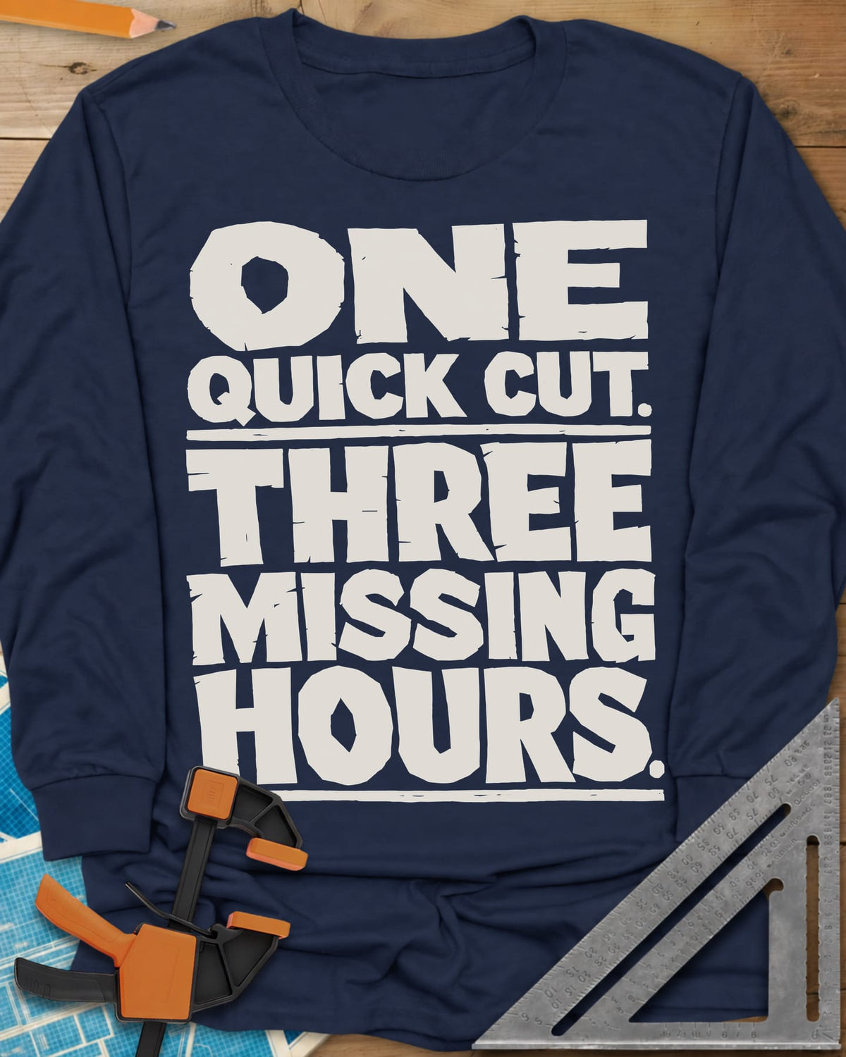 One Quick Cut long sleeve shirt in Navy, stacked chunky rough-edged block lettering, no picture