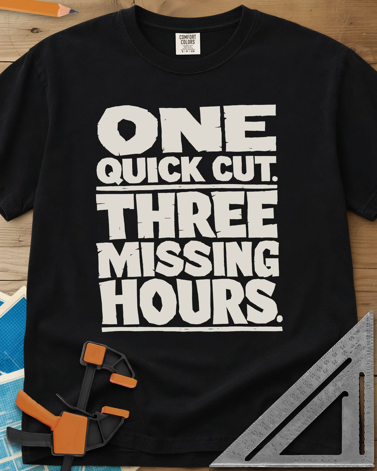 One Quick Cut heavyweight tee in Black, stacked chunky rough-edged block lettering, no picture