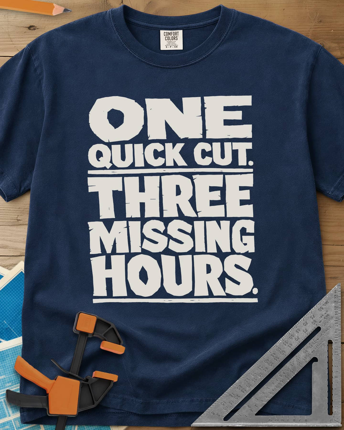 One Quick Cut heavyweight tee in Navy, stacked chunky rough-edged block lettering, no picture
