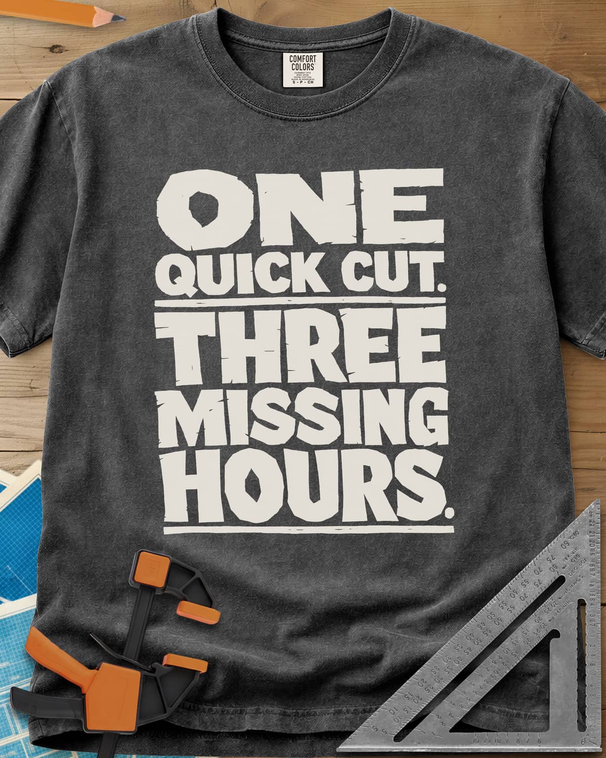 One Quick Cut heavyweight tee in Pepper, stacked chunky rough-edged block lettering, no picture