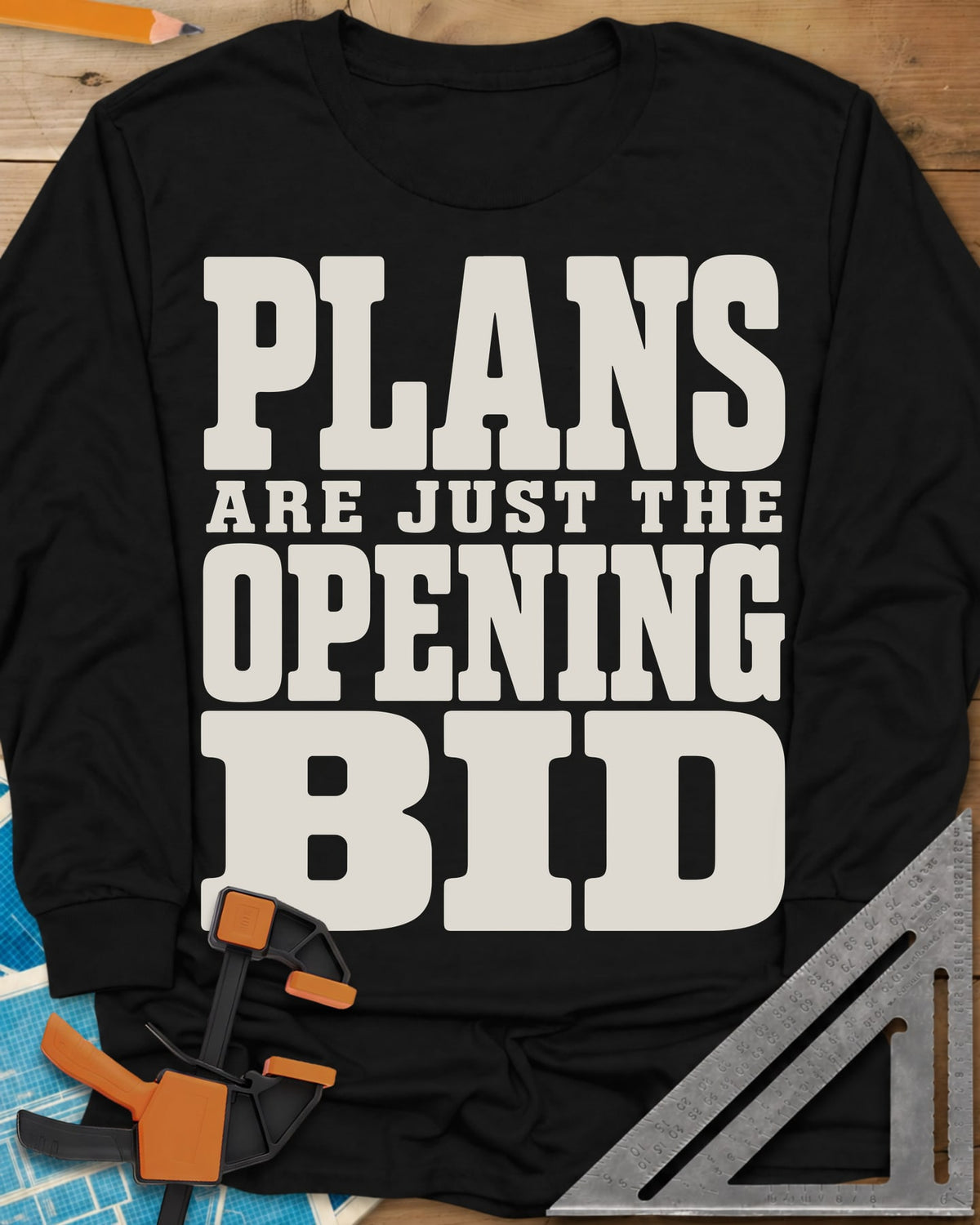 Opening Bid long sleeve shirt in Black, stacked slab-serif lettering, no picture