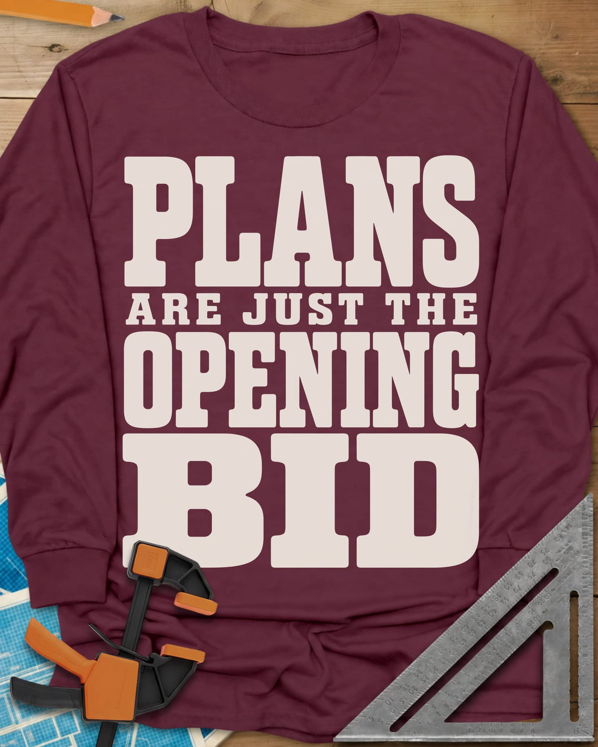 Opening Bid long sleeve shirt in Maroon, stacked slab-serif lettering, no picture