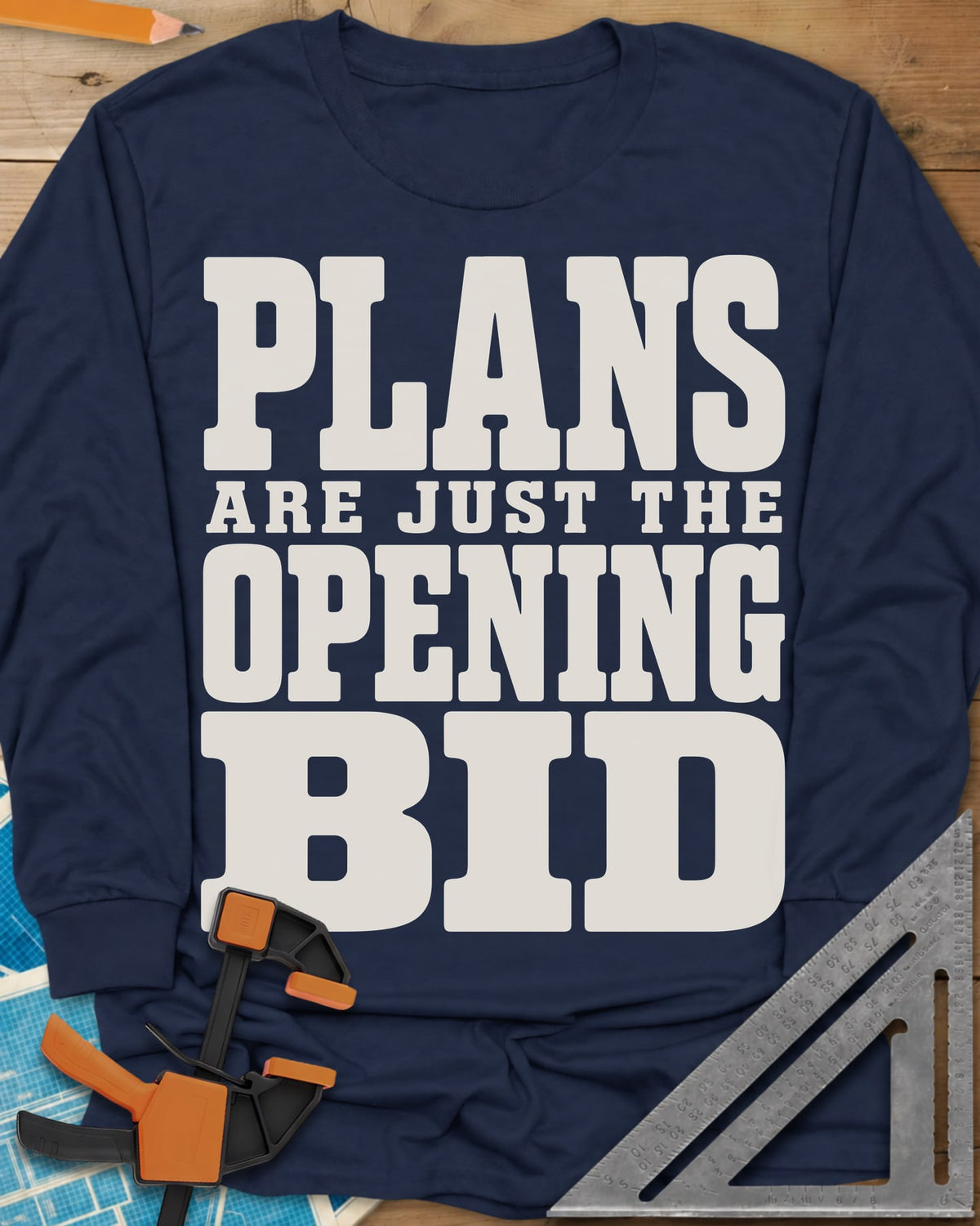 Opening Bid long sleeve shirt in Navy, stacked slab-serif lettering, no picture