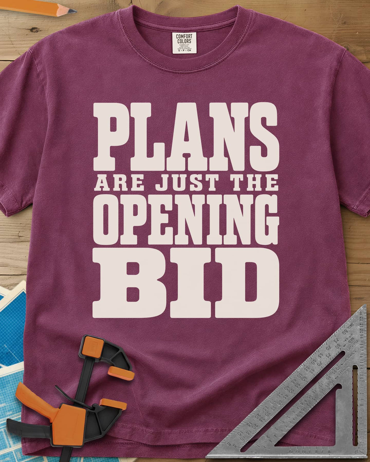 Opening Bid heavyweight tee in Berry, stacked slab-serif lettering, no picture