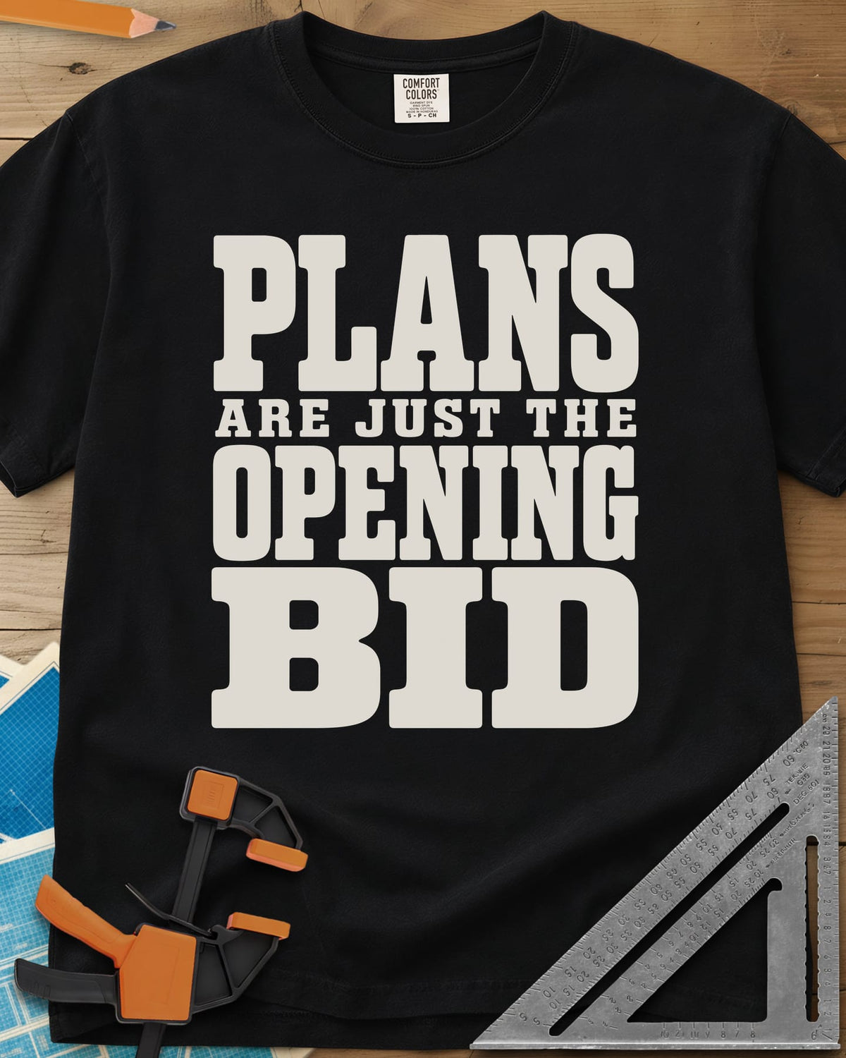Opening Bid heavyweight tee in Black, stacked slab-serif lettering, no picture