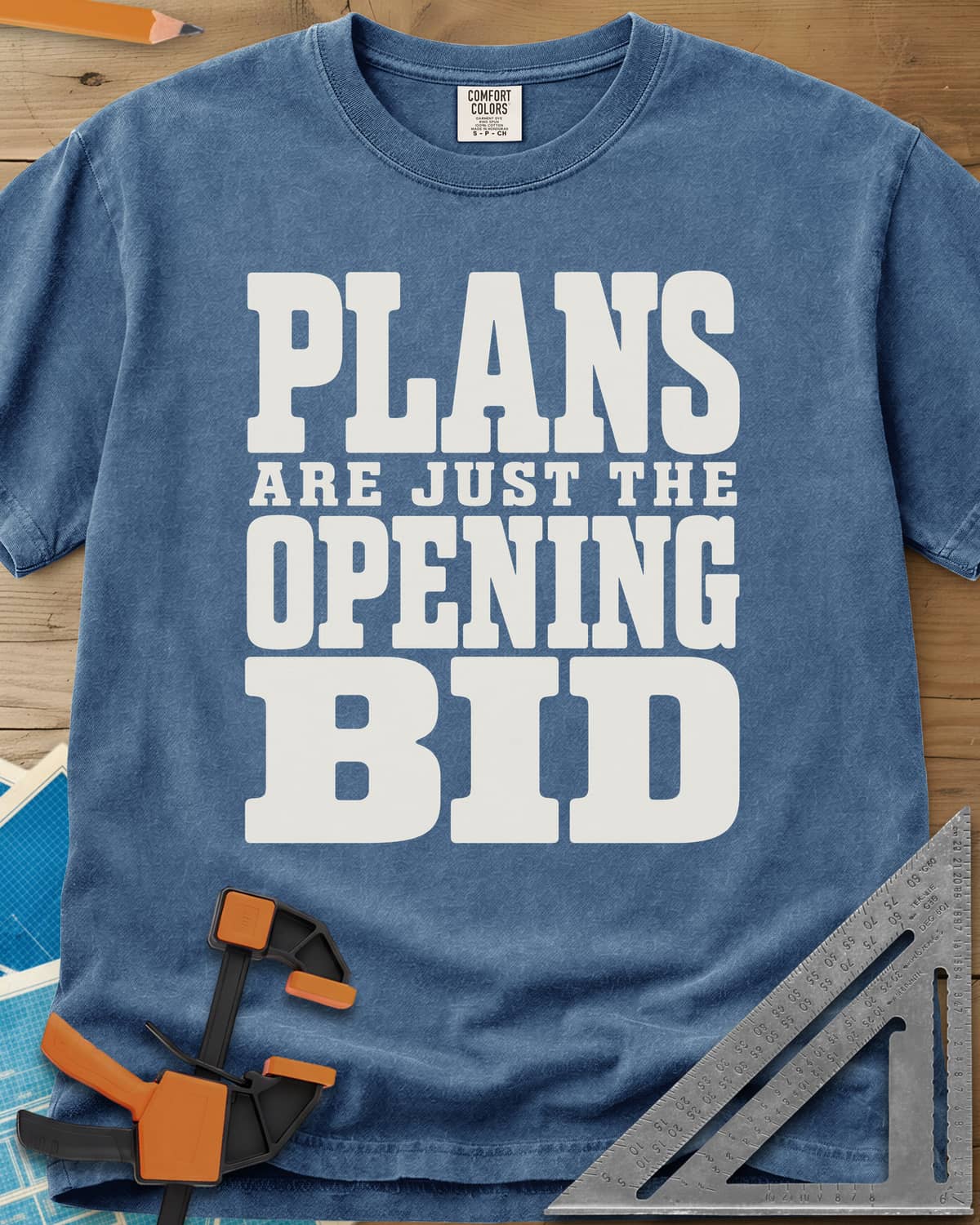 Opening Bid heavyweight tee in Blue Jean, stacked slab-serif lettering, no picture