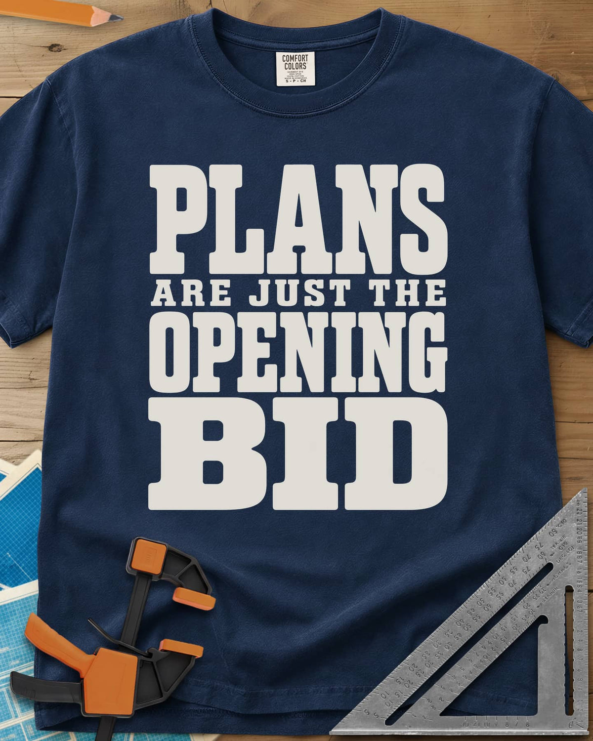 Opening Bid heavyweight tee in Navy, stacked slab-serif lettering, no picture