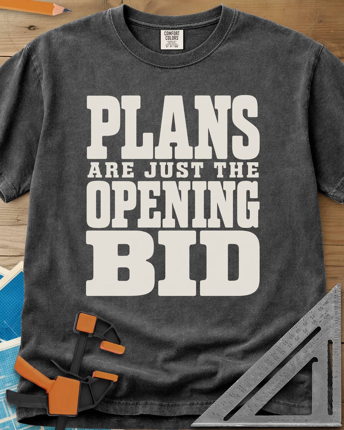 Opening Bid heavyweight tee in Pepper, stacked slab-serif lettering, no picture