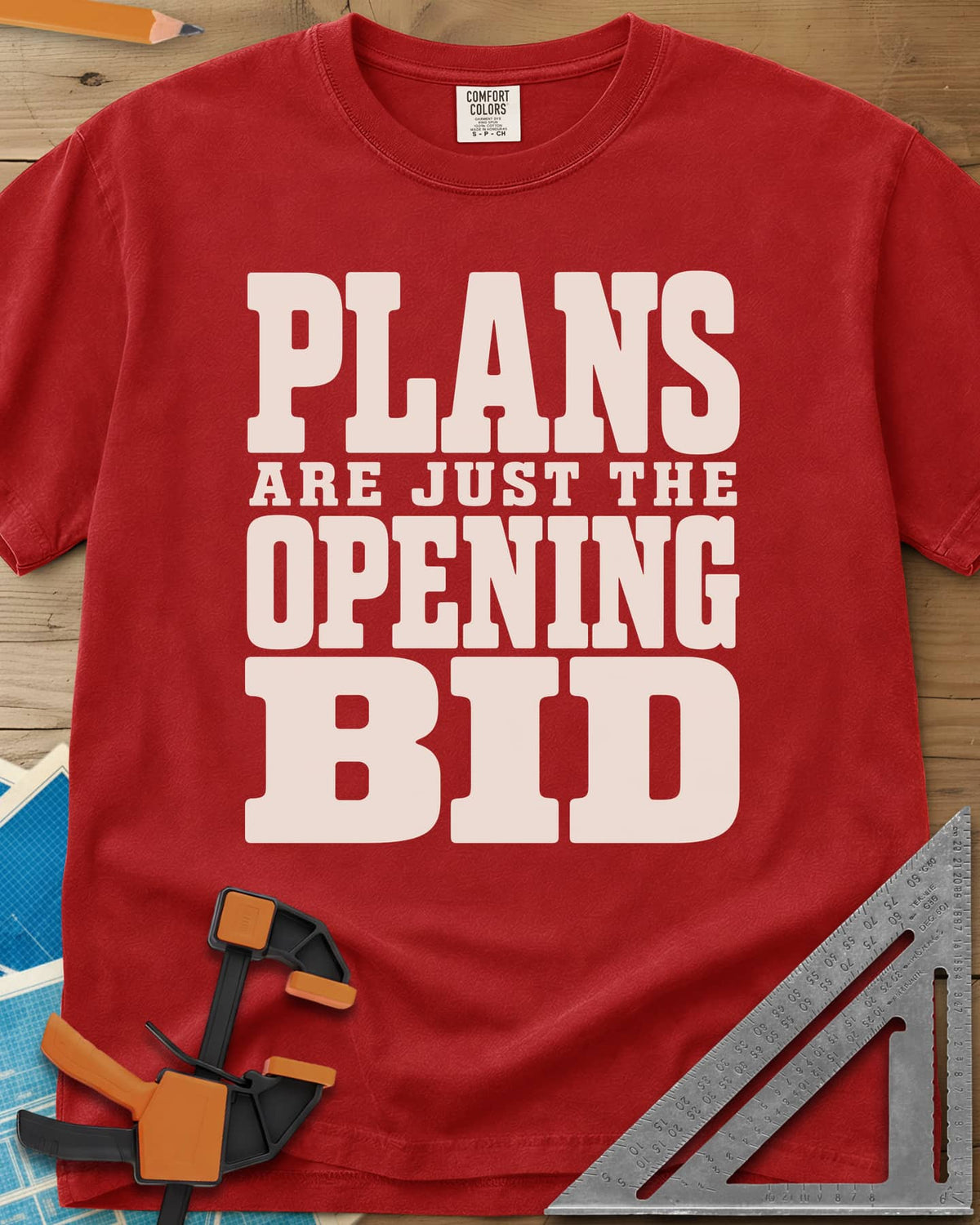 Opening Bid heavyweight tee in Red, stacked slab-serif lettering, no picture