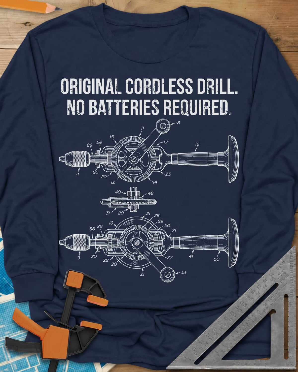 Original Cordless Drill long sleeve shirt in Navy, patent-style drawings of a hand-crank drill with numbered parts