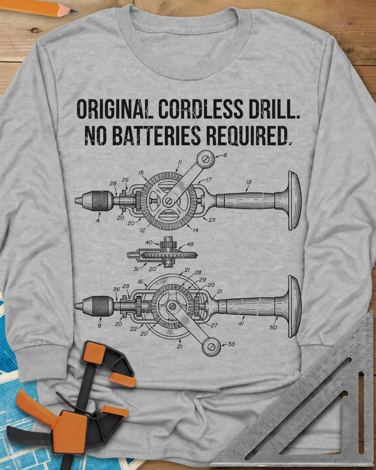 Original Cordless Drill long sleeve shirt in Sport Grey, patent-style drawings of a hand-crank drill with numbered parts