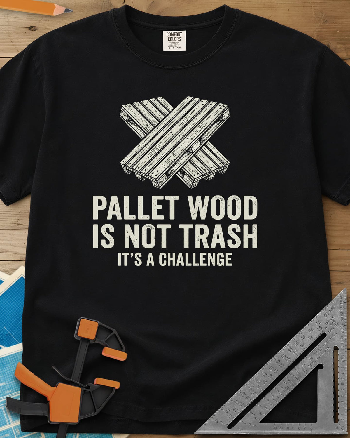 Pallet Wood Challenge heavyweight tee in Black, two wooden pallets crossed in an X